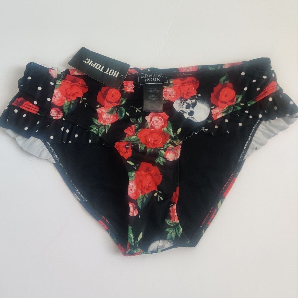 NWT Hot Topic Midnight Hour skull rose polkadot floral Bikini bottom goth_XS